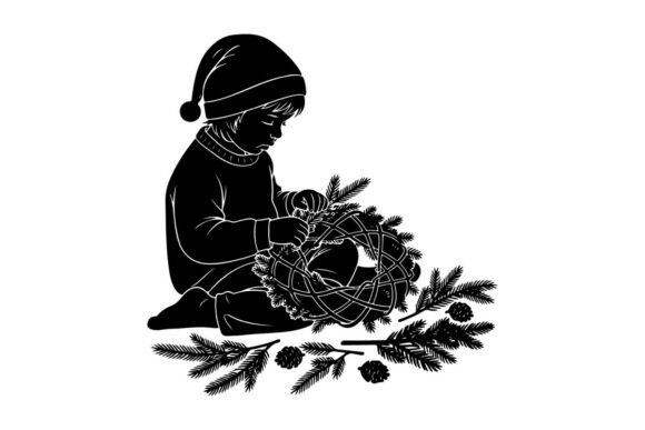 Child Decorating Christmas Wreath Vector: A Festive Illustration for Creative Sellers