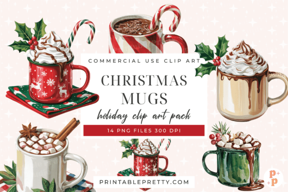 Christmas Cocoa Mugs Clipart PNG for Festive Brand Illustrations