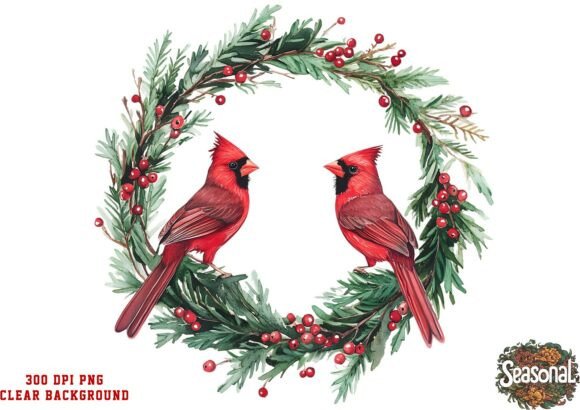 Evergreen Cardinals Christmas Wreath PNG for Illustrations and Seasonal Design