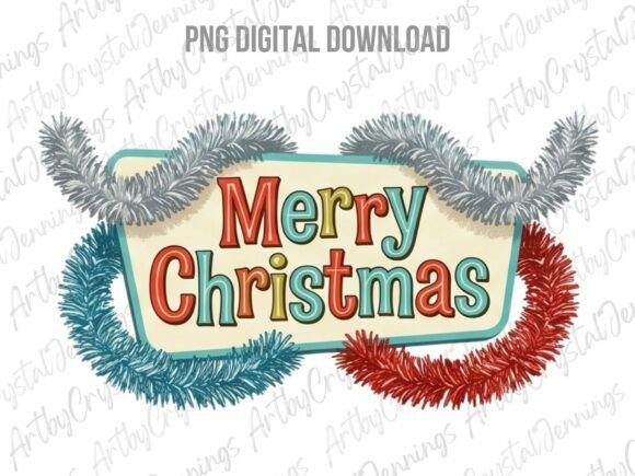 Merry Christmas Retro Tinsel PNG: A Holiday Illustration for Polished Content