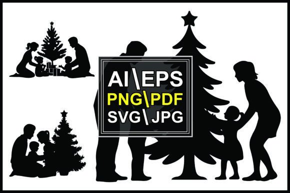 Silhouette Family Decorating Christmas Illustrations