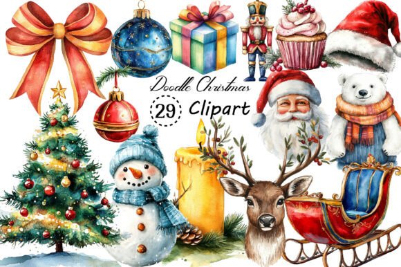 Watercolor Brush Doodle Christmas Bundle: A Festive Illustration for Small Business Branding