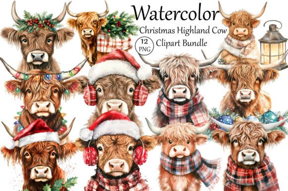 Watercolor Christmas Highland Cow Illustrations: A Festive Graphic Design Asset for Crafters